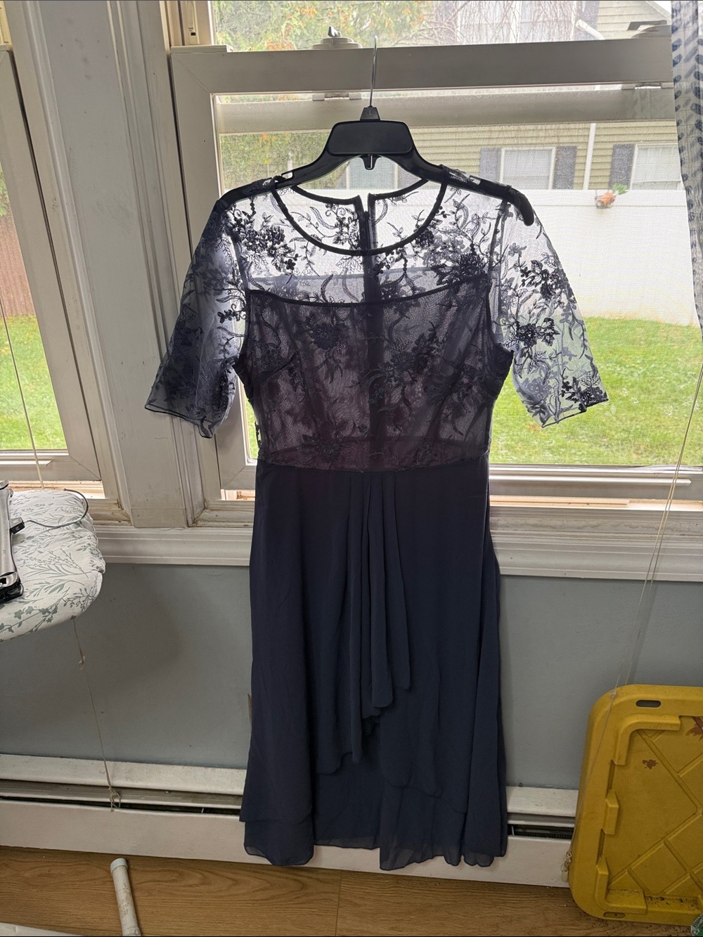 Navy Lace Midi Dress with Sheer Floral Bodice